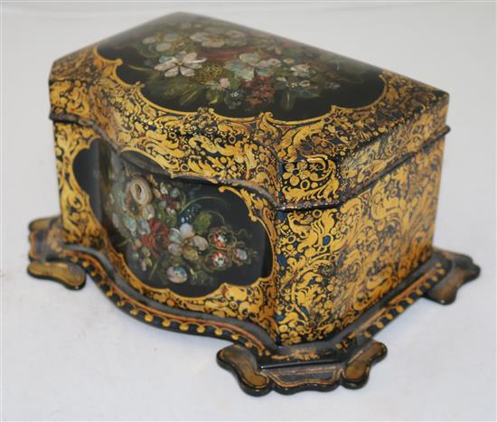 A Victorian papier mache tea caddy, 10in.